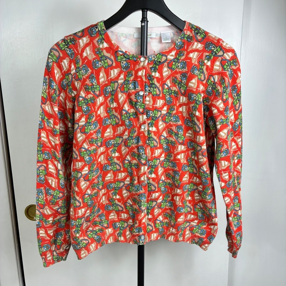 Lizgolf Liz Claiborne Red Golf Bag Print Cotton Cardigan Sweater Womens Medium